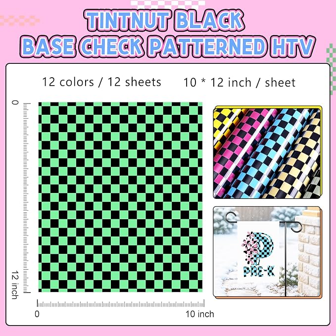 Tintnut Black Base Checkerboard Heat Transfer Vinyl, Checker pattern PU HTV - Image 2