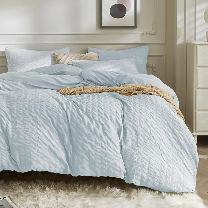 JELLYMONI Baby Blue Duvet Cover Queen Size, Soft Breathable Seersucker Duvet by JELLYMONI