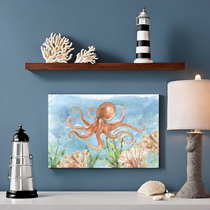 Octopus Canvas Wall Art Ocean Under Sea Life Painting Nautical Marine Life - Image 4