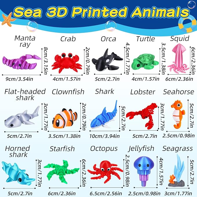 ywevyezc 25 Pcs 3D Printed Ocean Animals Set, Flexible Articulated Mini Sea - Image 2