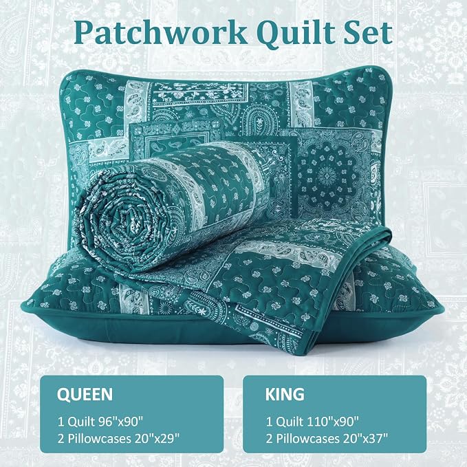 Cottolester Teal Patchwork Quilt Set King Size, 3 Pieces Boho Paisley Quilt Set - Image 6