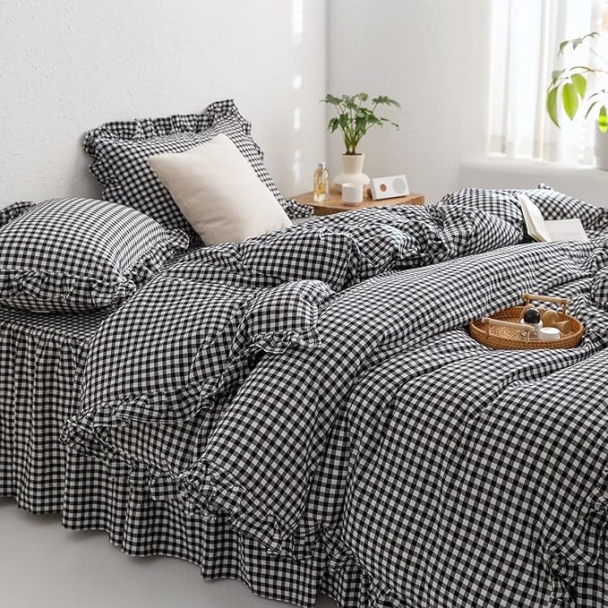MKXI Black and White Gingham Duvet Cover Twin XL, 3-Piece Ruffled Bedding Set by MKXI
