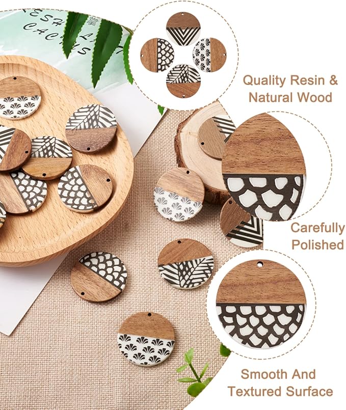 FASHEWELRY 16Pcs Flat Round Wood Resin Earrings Charms 35mm Round Wooden - Image 2