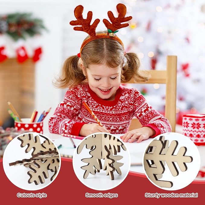 COCHIE DIY 3D Snowflake Wood Crafts to Paint, Paintable Unfinished Wooden Slices - Image 3