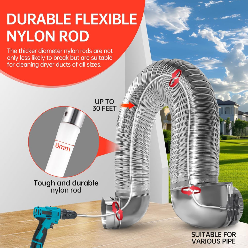 BLuesea Dryer Vent Cleaner Kit, 15-Piece Ultimate Dryer Cleaning Kit Include 30 Feet Dryer Vent Brush, Upgrade Noiseless Dryer Lint Vacuum Attachment, Lint Trap Brush, Vacuum & Dryer Adapters