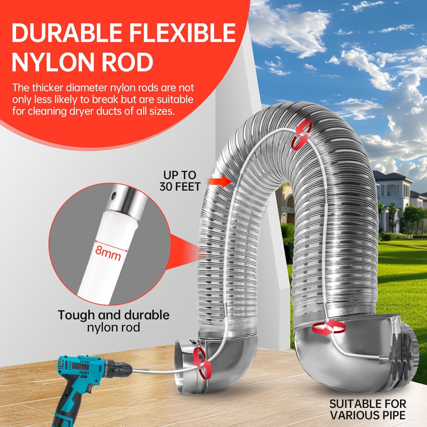 BLuesea Dryer Vent Cleaner Kit, 15-Piece Ultimate Dryer Cleaning Kit Include 30 Feet Dryer Vent Brush, Upgrade Noiseless Dryer Lint Vacuum Attachment, Lint Trap Brush, Vacuum & Dryer Adapters