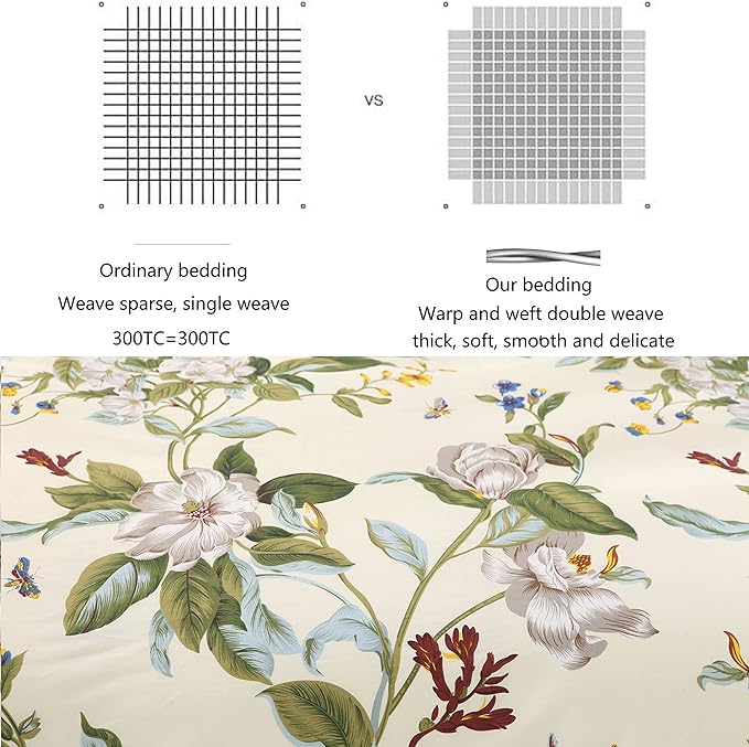 FADFAY Floral Duvet Cover Set 100% Cotton Green and Beige Striped Shabby Flower - Image 2