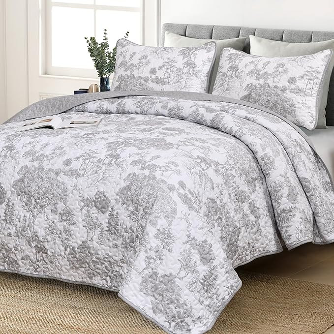 WONGS BEDDING Grey Quilt Set King Size, 3 Pieces Botanical Bedspreads Set by WONGSBEDDING