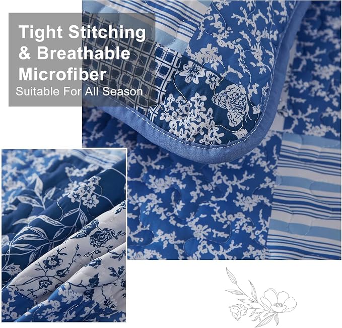 Mybedsoul Blue Quilt Set Full Size, 3 Pieces Plaid Floral Bedspread Set - Image 3