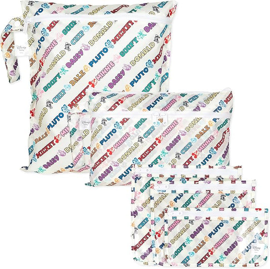 Bumkins - Waterproof Wet Bag, Wet/Dry Clutch & Clear Travel Bags - For Beach, Baby, Travel, Cloth Diapers, Pump Parts, Pool, Gym, Toiletries -Reusable & Easy to Clean -Mickey & Friends Varsity -5 Pack