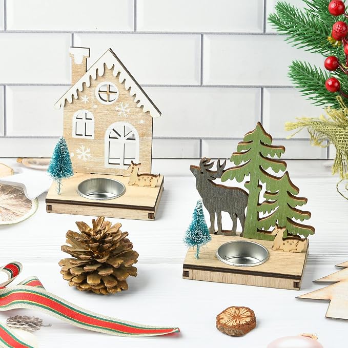 2 pcs 2 Styles Christmas Candlestick Theme Wooden Bases House Deer Tree Wood - Image 6