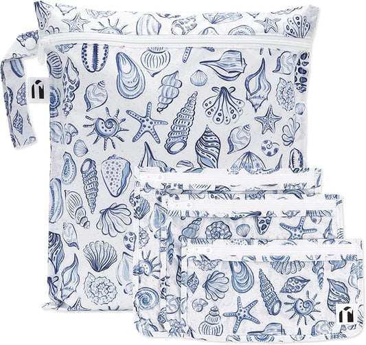 Bumkins Roamio Wet Bag and 3-Pack Clear-Sided Travel Pouches, Waterproof Fabric Organizer for Toiletries, Gym Clothes, Swim Gear, Shoes, Accessories, TSA Compliant Packing Set, Blue Shells 4-pc Set