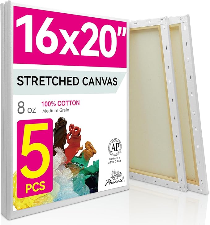 PHOENIX Stretched Canvas for Painting 16x20 Inch/5 Value Pack, 8 Oz Triple by PHOENIX