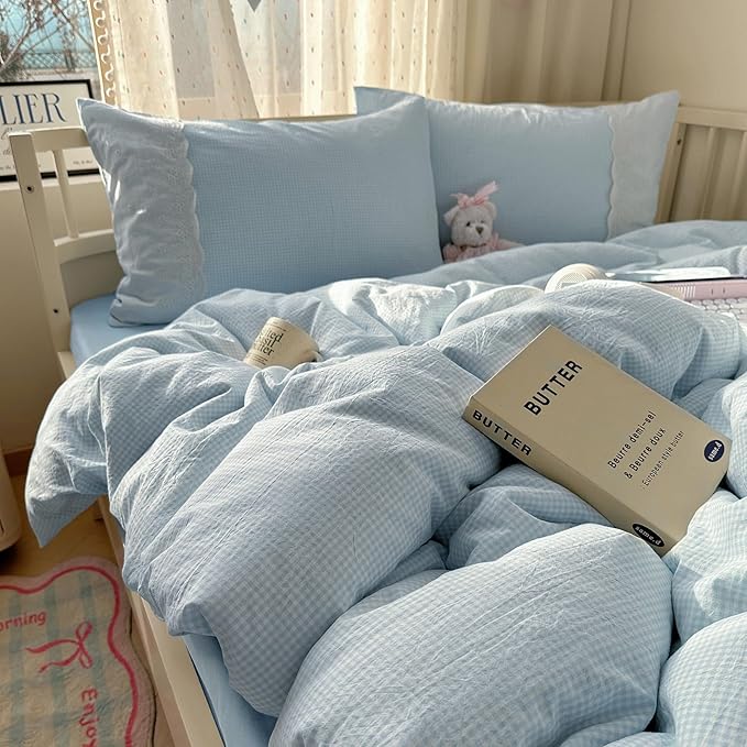 mixinni Blue Gingham Duvet Cover Twin Size by mixinni