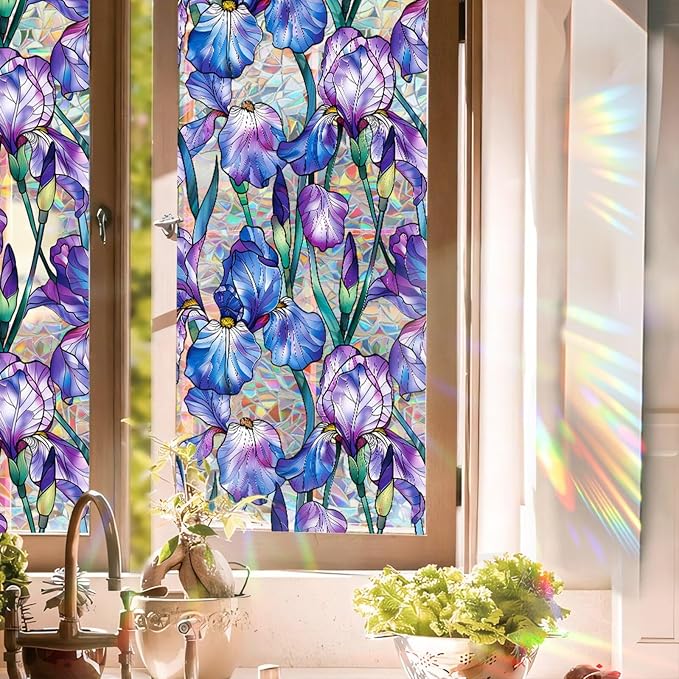 Stained Glass Window Film UV Resistant Window Privacy Film Purple Floral by Aomkmi