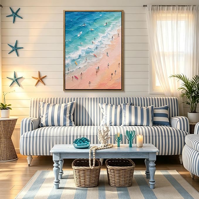 Framed Pastel Coastal Surfers Canvas Wall Art Aerial View of Vibrant Beach - Image 5