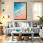 Framed Pastel Coastal Surfers Canvas Wall Art Aerial View of Vibrant Beach - Image 5