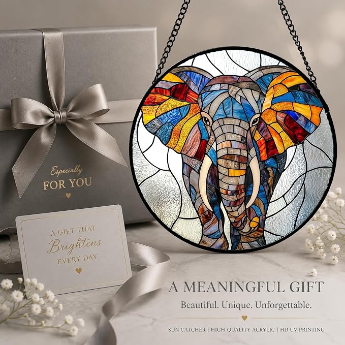 Elephant Acrylic Suncatcher Faux Stained Glass Window Hanging 9.8" | Birthday - Image 2