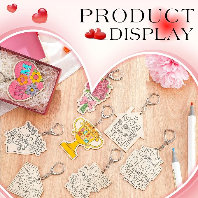RattanView 24 Pcs Mom Craft Color Your Own Keychains Diy Craft Wooden Blank - Image 4