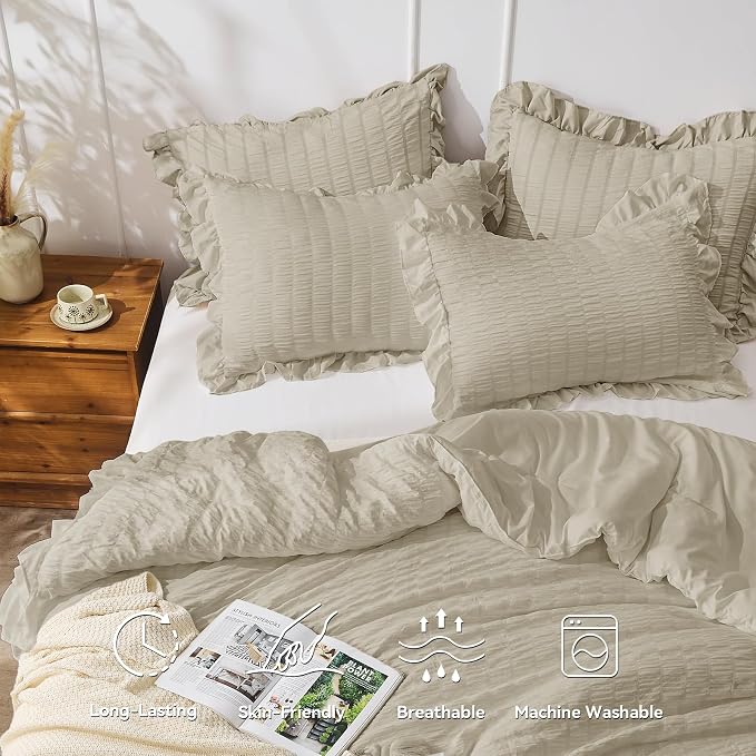 JOLLYVOGUE Queen Comforter Set, 3 Pieces Linen Seersucker Comforters Queen Size - Image 2