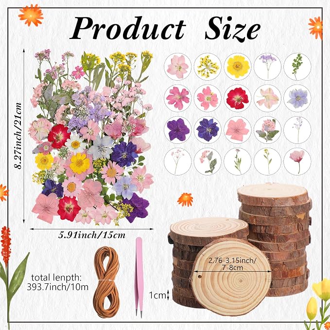 20 Set DIY Wooden Crafts with Dried Pressed Flowers Leaves Unfinished Wood - Image 2