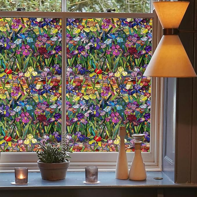 Colorful Purple Red Yellow Iris Flowers Stained Glass Window Films Decorative - Image 3