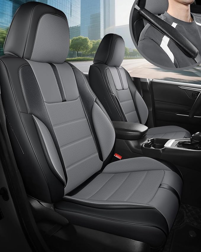FREESOO Black Gray Front Car Seat Covers - Faux Nappa Leather Seat Covers for Cars, with Carbon Fiber Texture Seatbelt Pads, Luxury Protector Accessories Fit for Most Vehicles Sedans SUV Trucks RAV4