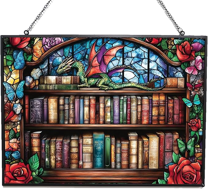 Rectangle Whimsical Dragon On Bookshelves Stained Glass Suncatcher Stained by 365CUSGIFTS