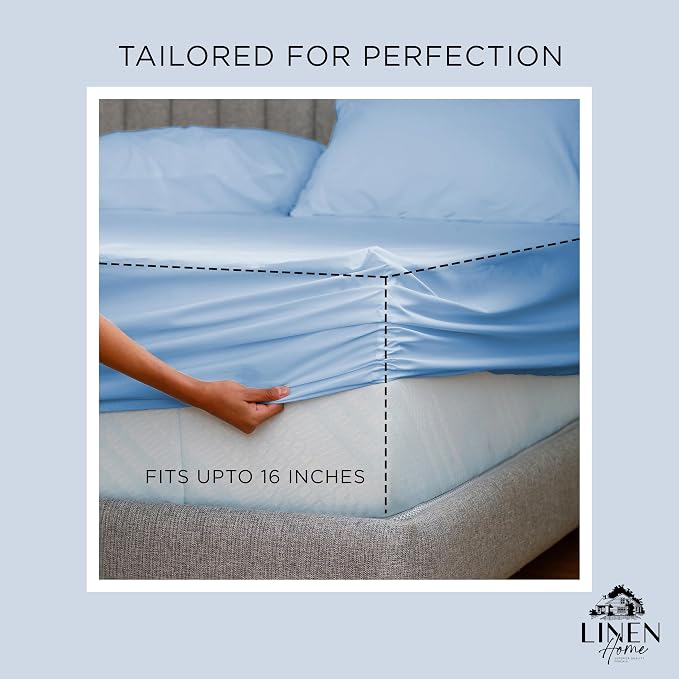 Linen Home 100% Cotton Percale Weave Fitted Sheet, Queen Size, Baby Blue - Image 3