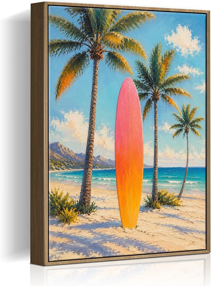 Pastel Gradient Surfboard Palm Tree Canvas Wall Art Print Tropical Summer Beach by HomeifHue
