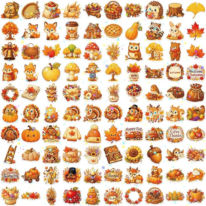 100 Pcs Thanksgiving Fall Waterproof Vinyl Theme Glitter Holographic Stickers - Image 7