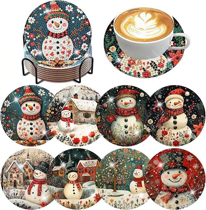 ijbnhd 8 PCS Diamond Art Coasters, Christmas Snowman Cork Wooden Pad | Diamond by ijbnhd