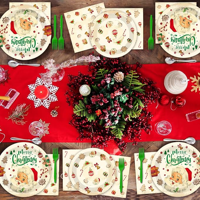 Qyeahkj 100 Pcs Christmas Xmas Party Paper Plates and Napkins, Vintage Holiday - Image 6