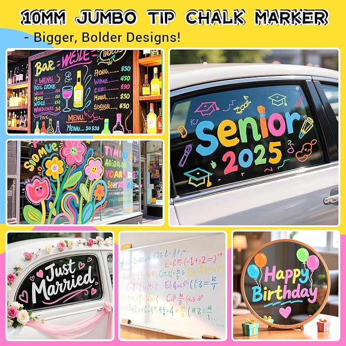 Window Chalk Markers for Cars Glass Washable: 8 Colors Jumbo Liquid Chalk Paint - Image 6