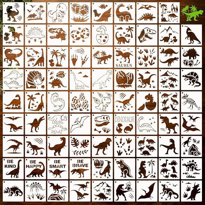 80 Pcs 3 x 3 Inch Stencils for Painting on Wood, Reusable Dinosaur Animal by DZXCYZ