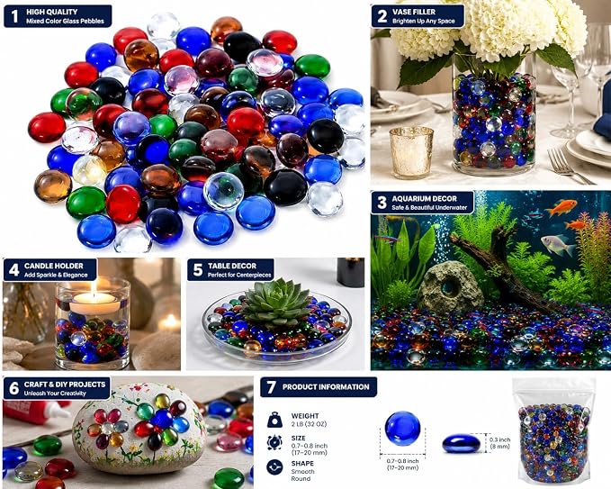 Mixed Glass Stone Pebbles, Flat Glass Beads 2 lb, Stone Beads 0.7-0.8 in - Image 9