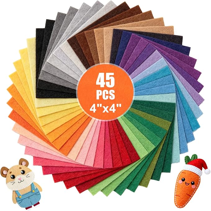 45 Pcs Assorted Felt Sheets Felt Fabric 4"x4" Stiff Felts Craft Squares by UOOU