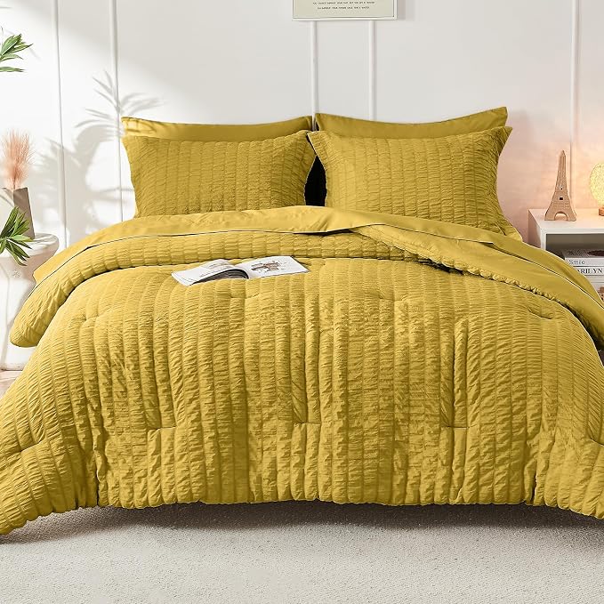 HYMOKEGE Mustard Yellow Twin Comforter Set Seersucker 5 Pieces, All Season - Image 9