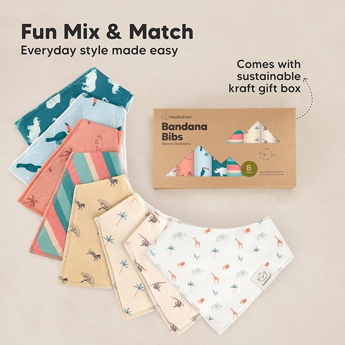 8-Pack Organic Baby Bandana Bibs for Boys, Girls - Super Absorbent Triangle Baby Bibs for Drooling and Teething Infant, 100% Cotton Extra Soft for Newborn, Infant 0-36 Months (Mesozoic)