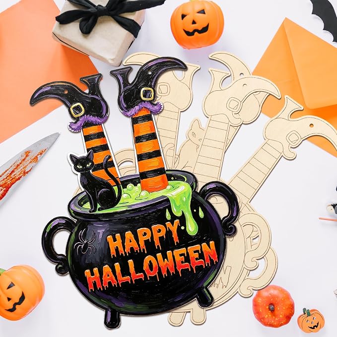 Paintable Halloween Ornaments 3 Sets, Wooden Happy Halloween Cauldron Ornaments - Image 6