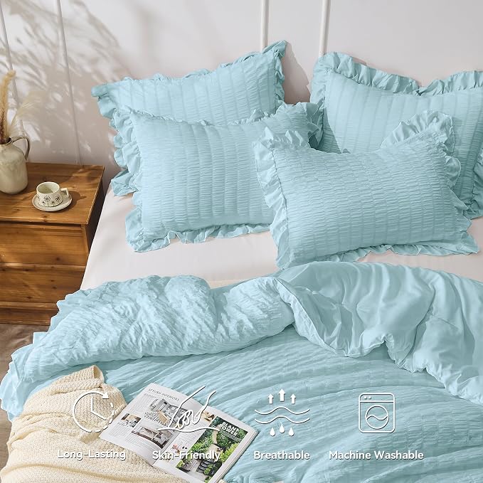 JOLLYVOGUE Blue Twin Size Comforter Set, 2 Pieces Seersucker Lightweight Fluffy - Image 2