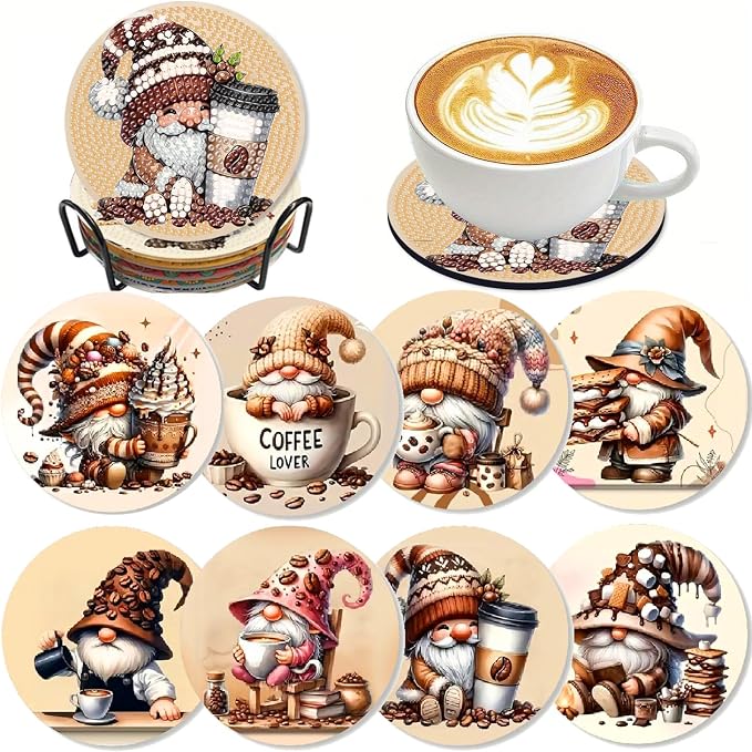 Clendo 8 Pcs Coffee Gnome Diamond Art Coasters Kit by Clendo