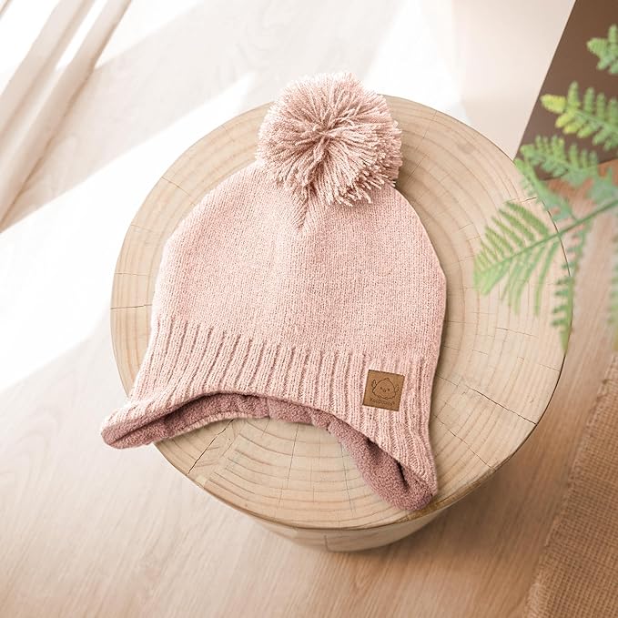 Baby Beanies, Baby Hats for Boys, Girls - Cute Toddler Winter Hat, Soft & Stretchy Beanies for Infant, Newborn 6-36 Months, Cozy & Warm with Earflap Muff & Pom (Blush)
