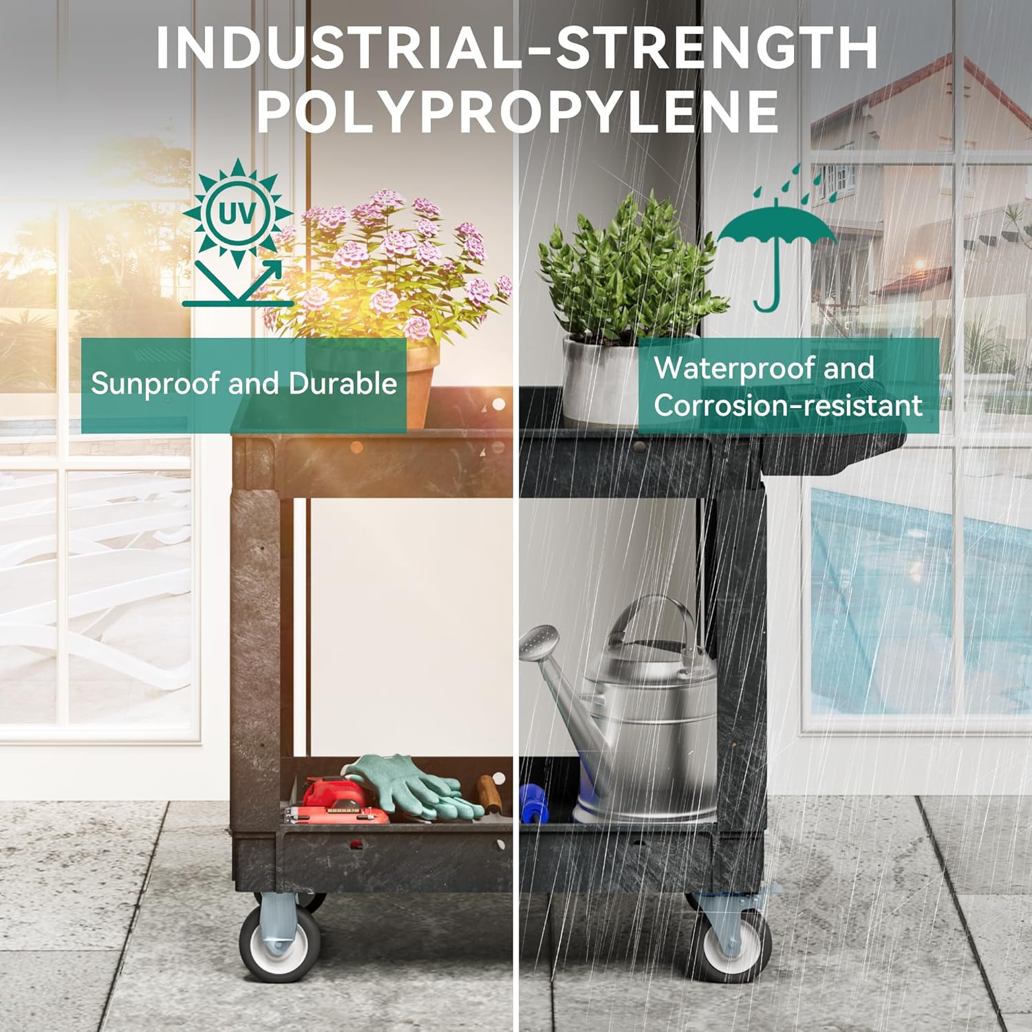 YITAHOME Utility Cart on Wheels, Plastic Tool Cart 550 lbs Capacity Service Cart, 40 x 17 Inch 2 Shelf Extra Heavy Duty Rolling Work Carts for Warehouse, Garage, School & Office, Cleaning, Black