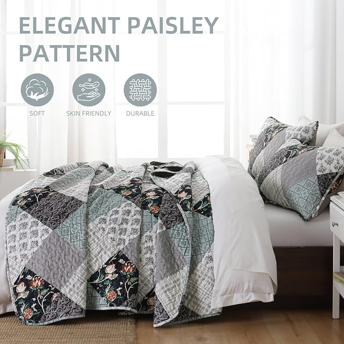 Xruibed Floral Plaid Patchwork Quilt Set King Size 3 Pieces Blue Gray Bedspread - Image 4
