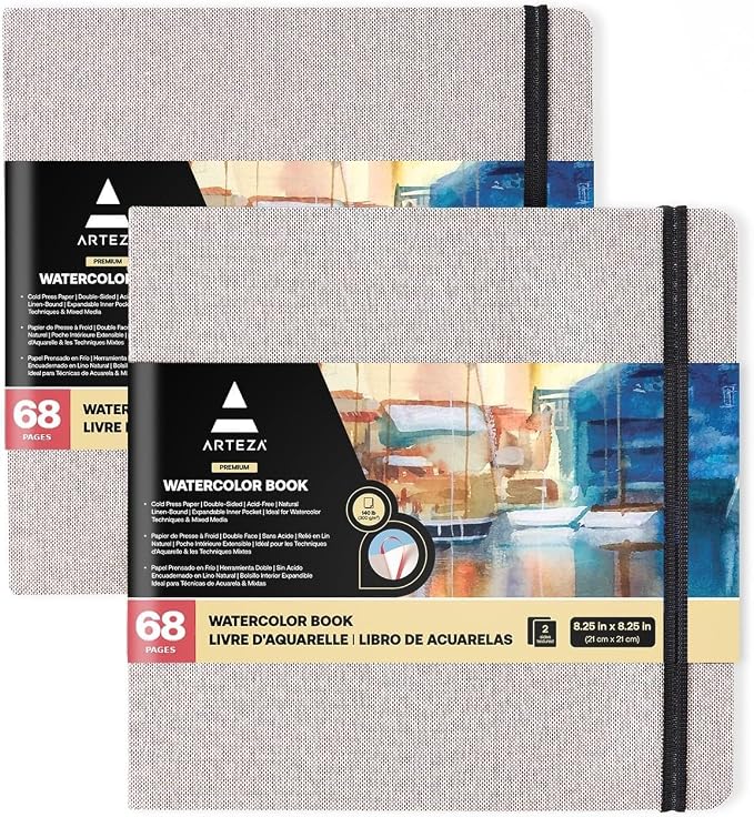 ARTEZA Watercolor Sketchbooks, 8.25 x 8.25 Inches, 68 Pages Each, 110 lb / 230 by ARTEZA