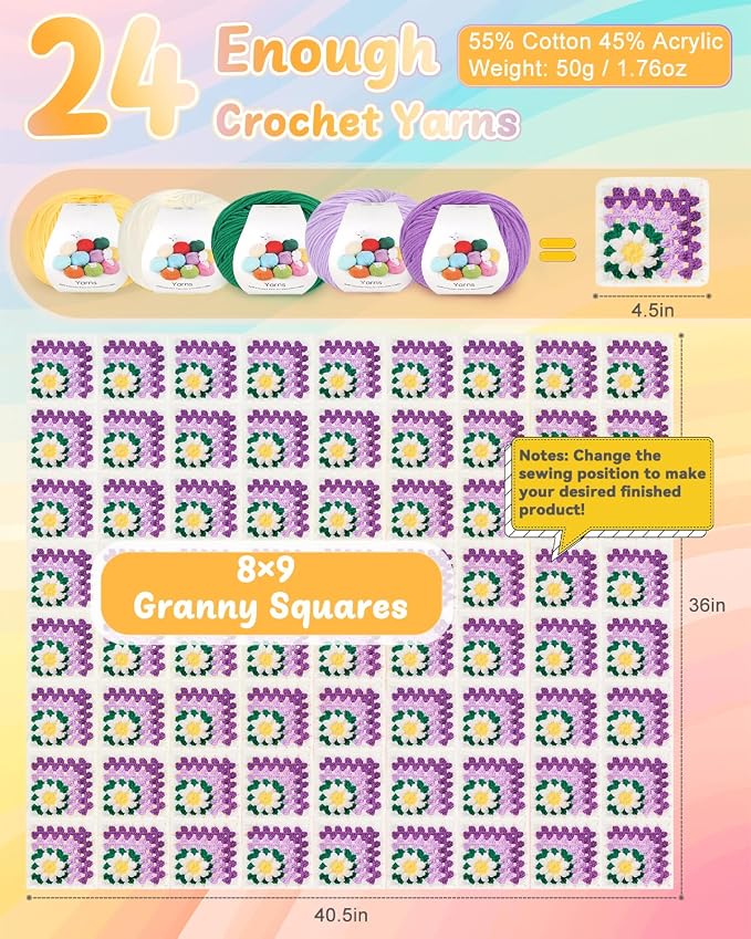 Coopay Blanket Crochet Kit for Beginners, All-in-One Granny Square Blanket Kit - Image 5