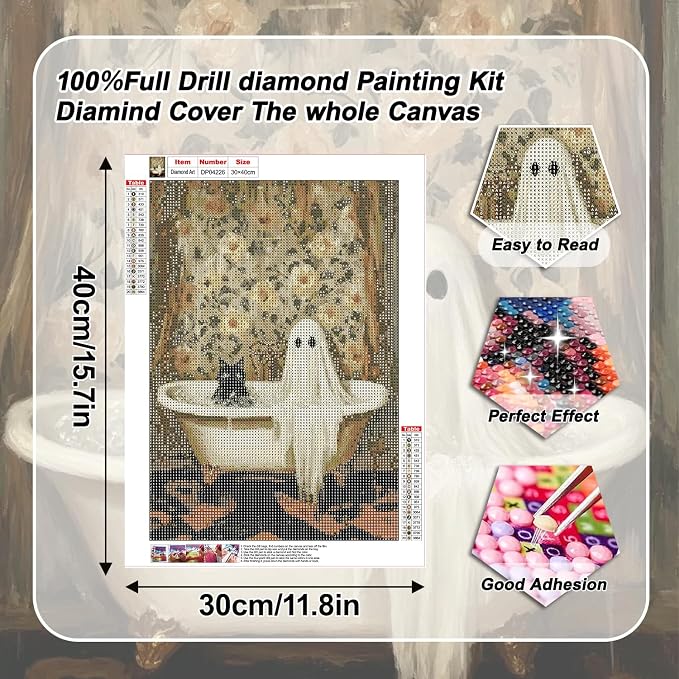 VeGuude Diamond Art Kits for Adults, Full Drill Black Cat Cute Ghost Diamond - Image 3