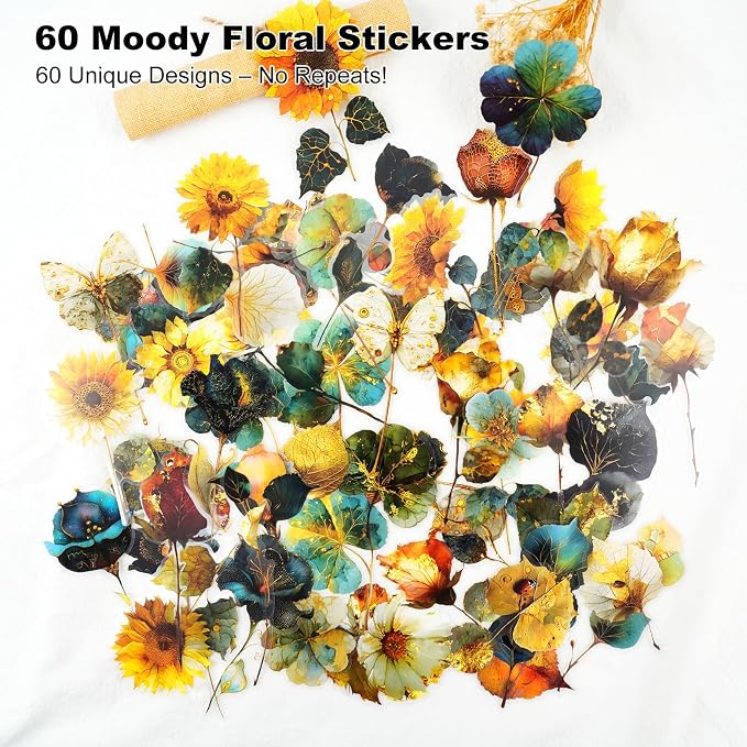 60PCS Botanical PET Stickers Set – Waterproof Flower and Butterfly Designs - Image 2