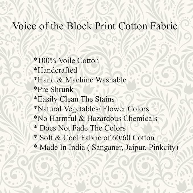 E-Tailor® Indian Ethnic 100% Cotton Voile Running Hand Block Print Natural - Image 5